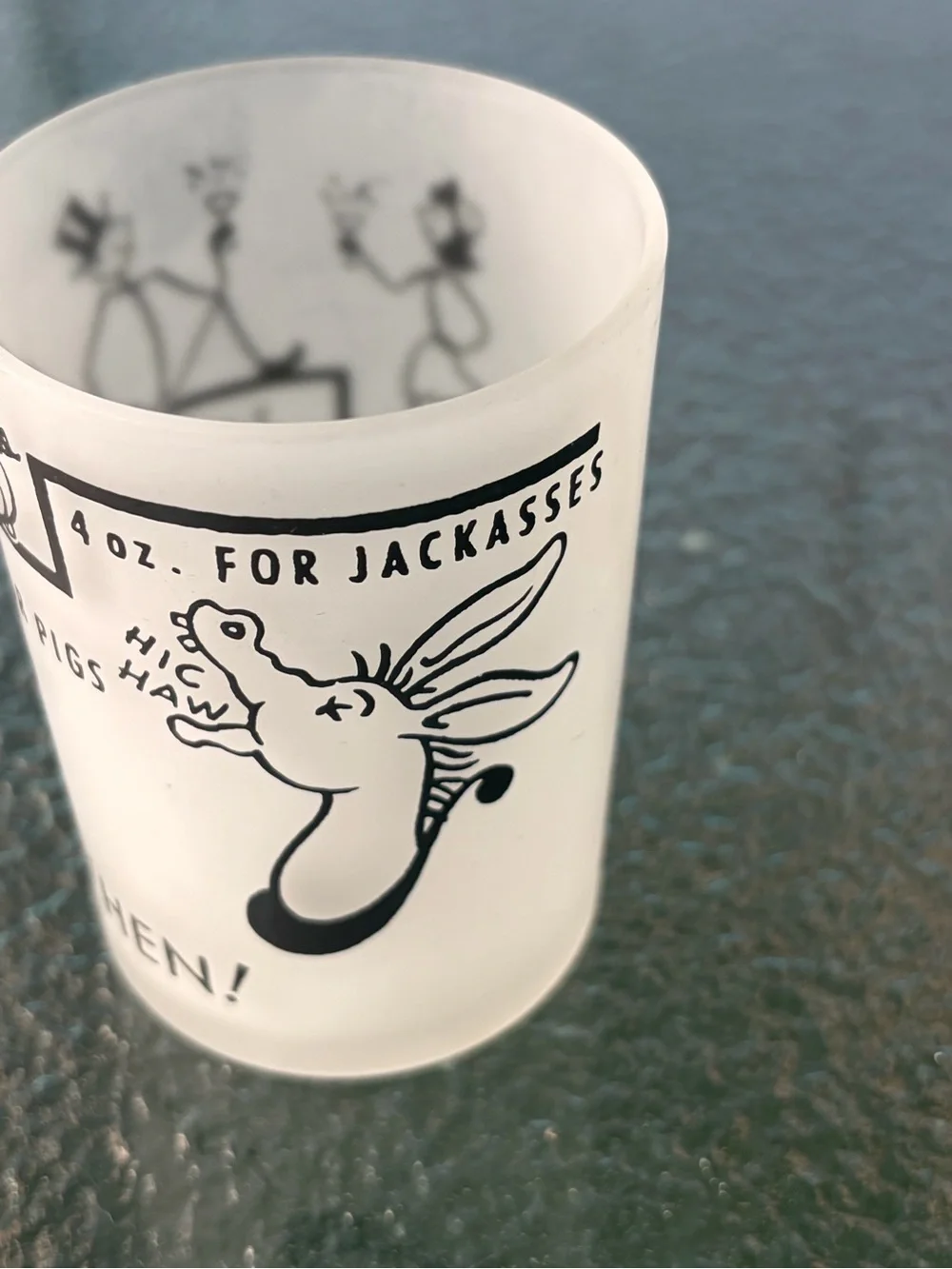 Vintage Style Frosted Shot Glass with Black Graphics